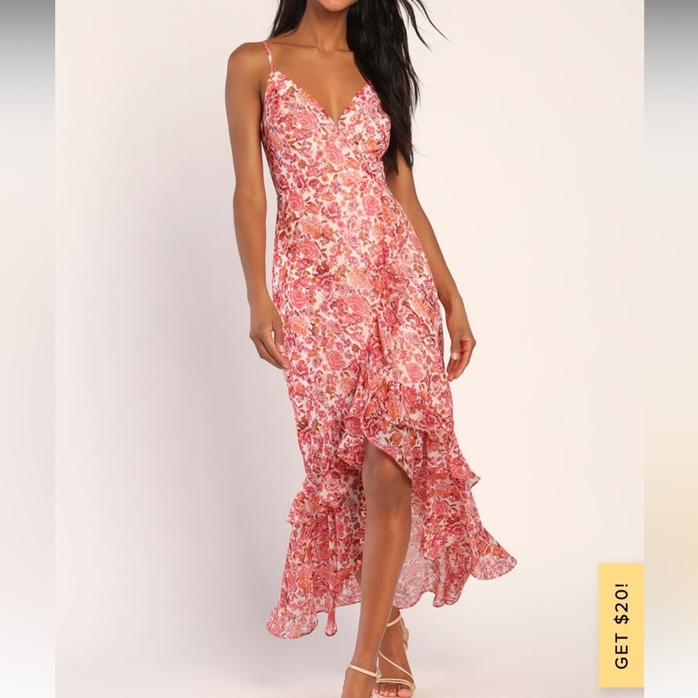 Always Enchanting Pink Floral Print Metallic Ruffled Midi Dress